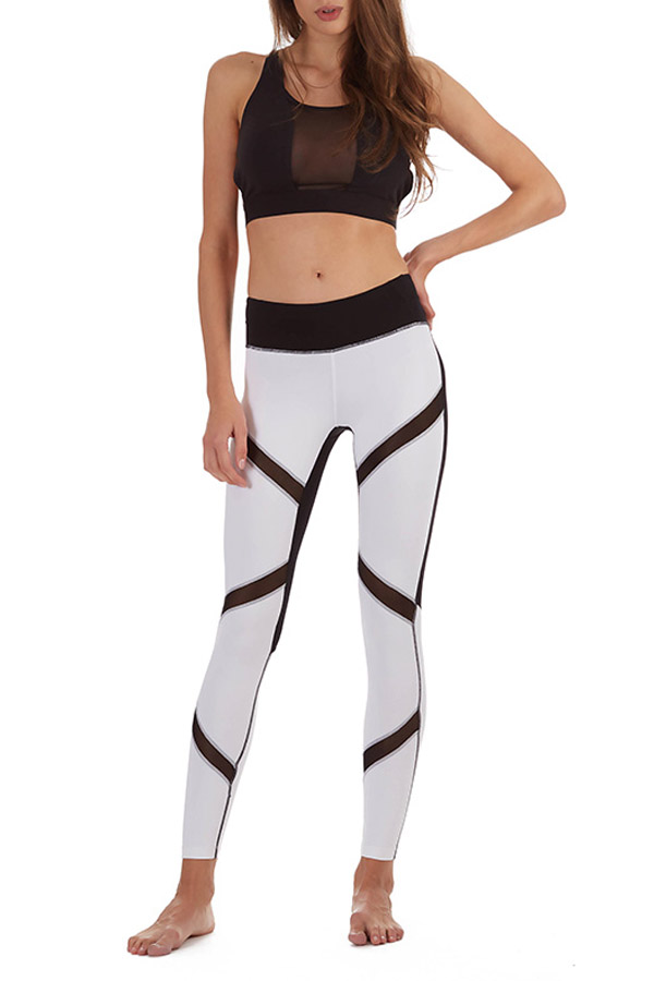 Form Fitting Legging with Zigzag Mesh and Reflective Piping -White - prjon